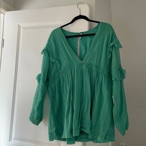 Free People green V neck long sleeve romper size small